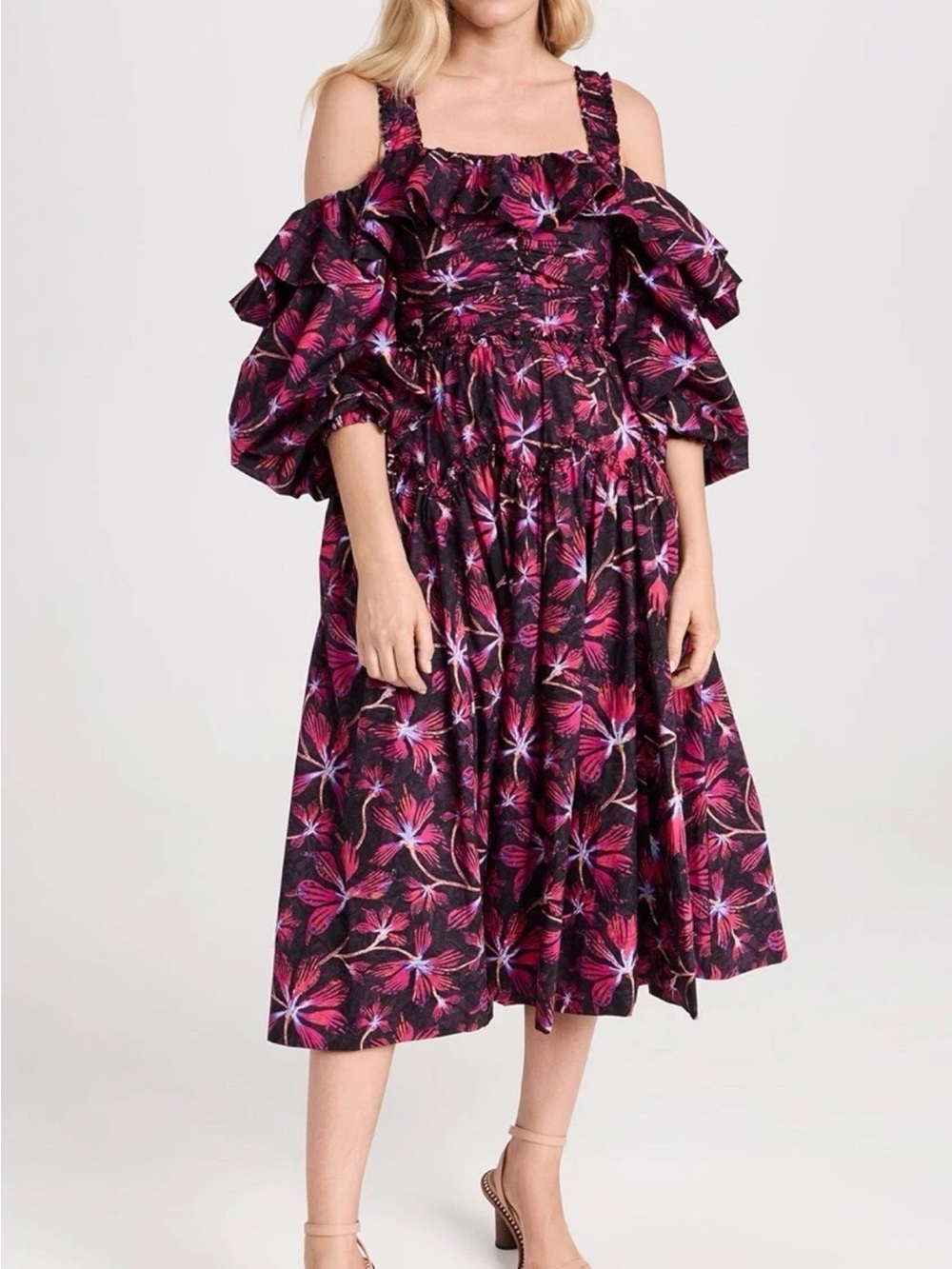 Ulla Johnson Cold-Shoulder Floral Midi Dress in Fuchsia and Black, size 00